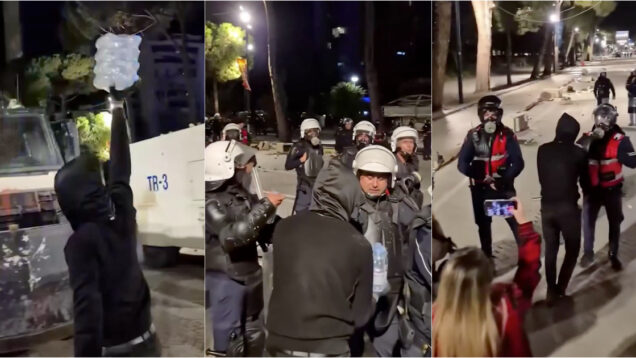 Manifestante oferece água a polícia durante protesto na Albânia e gesto torna-se viral